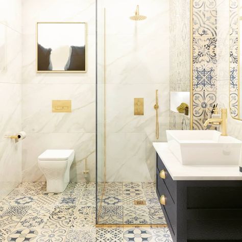 Looking for inspiration for your bathroom? Greek Tiles Bathroom, Greece Style Bathroom, Greek Bathroom Ideas, Greek Inspired Bathroom, Patchwork Bathroom, Greece Bathroom, Greek Bathroom, Wallpaper Decor Ideas, Wallpaper Design Ideas