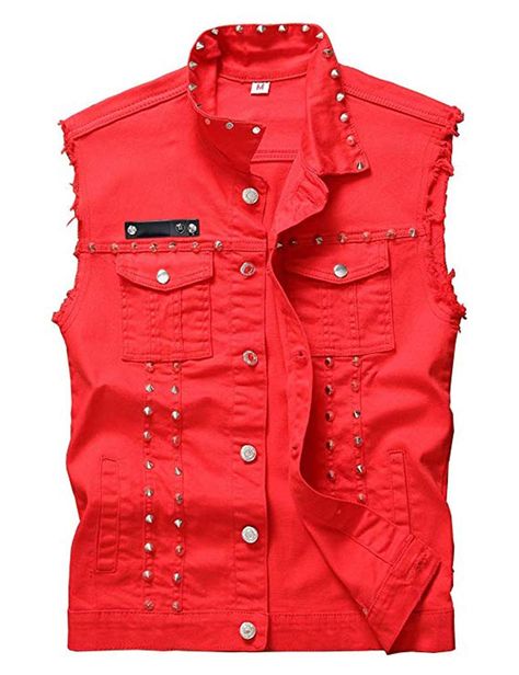 PRICES MAY VARY. cotton Imported Button closure Machine Wash Men's punk style denim vest with rivets, perfect for party, stage wear. Fashion sleeveless jean jackets, make you look cool and novelty. washed jeans vest, made of cotton. Hand or Machine wash cold separately, avoid washing with different colors of clothes. Two pockets on the front chest Pls check the size chart before buy:  size S Bust:92cm/36.2` Shoulder:46cm/18.1` Length:61cm/24.0`  size M Bust:98cm/28.6` Shoulder:48cm/18.9` Length: Denim Vest Men, Waistcoat Fashion, Estilo Punk Rock, Sleeveless Jean Jackets, Mens Vest Jacket, Rock Style Outfits, Vintage Denim Vest, Cowboy Jacket, Motorcycle Jeans