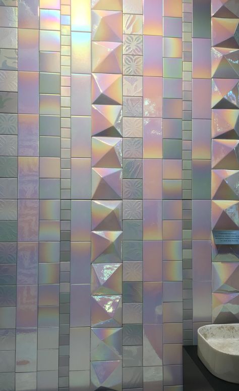 Pearlescent Tiles, Pink And Blue House, Holo Wallpapers, Metallic Tiles, 2d Furniture, Iridescent Decor, Asian Bakery, Hickory Kitchen Cabinets, Rainbow Tile