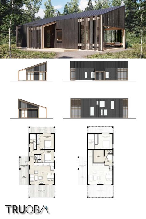 Small House Plans | Truoba Mini 822 800 sq/ft   2 Bed   1 Bath | Small House Plan Modern Forest House Plans, Forest House Floor Plan, Weekend House Plan, Small Weekend House, Small Bungalow House Plans, Loft Floor Plans, Cabin Plan, Vacation House Plans, Small Cabin Plans