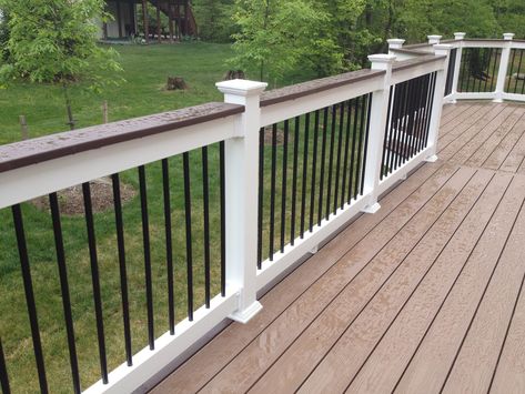 Shoreline Vinyl Railing Northern, VA | Shoreline Vinyl handr… | Flickr Black Spindles, Vinyl Deck Railing, Landscaping Around Deck, Vinyl Deck, Deck Railing Design, Vinyl Railing, Deck Railing, Cool Deck, Deck Builders