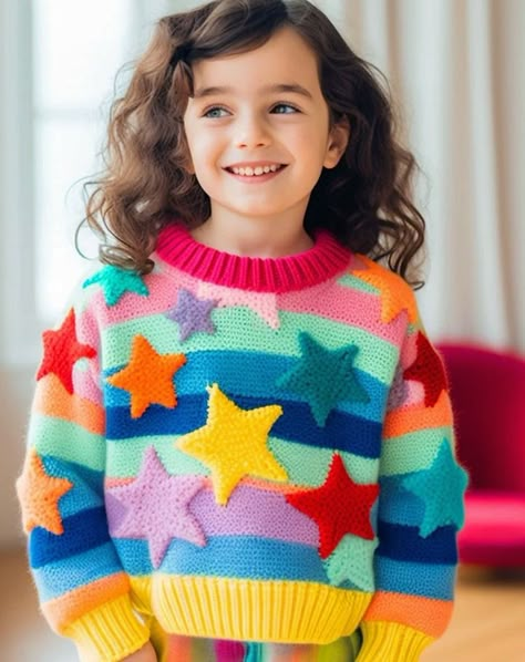 Crochet Toddler Sweater, Star Jumper, Crochet Toddler, Colorful Crochet, Casual Sweater, Applique Dress, Knitting For Kids, Kids Sweater, Kids Fashion Girl