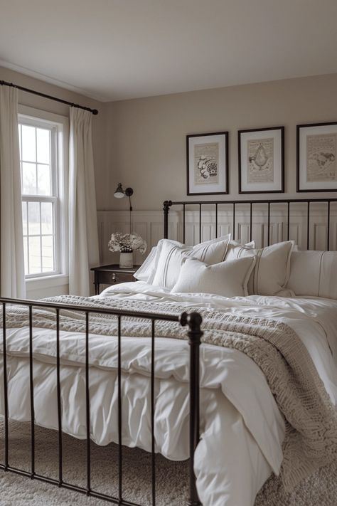 Iron Bed Frames, Black Iron Beds, Cozy Cottage Bedroom, Smart Storage Ideas, Black Metal Bed Frame, Black Metal Bed, Wrought Iron Bed, Black Bed Frame, Airy Room