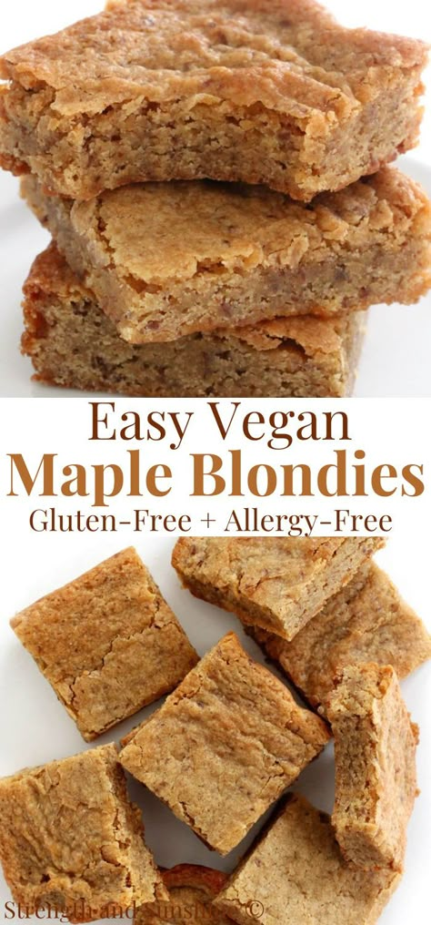 vegan maple blondies Maple Blondies, Fall Desserts Gluten Free, Vegan Fall Dessert, Dairy Free Deserts, Dairy Free Dessert Easy, Dairy Free Thanksgiving, Gluten Free Fall Recipes, Egg Free Desserts, Autumn Dessert