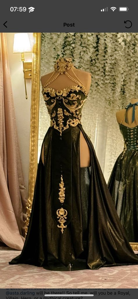 Greek Gods Prom Dresses, Dark Goddess Fashion, Warrior Ball Gown, Black And Gold Corset Dress, Greek Mythology Prom Dress, Warrior Dress Goddesses, Black Goddess Aesthetic Outfit, Black Goddess Outfit, Nyx Goddess Outfit