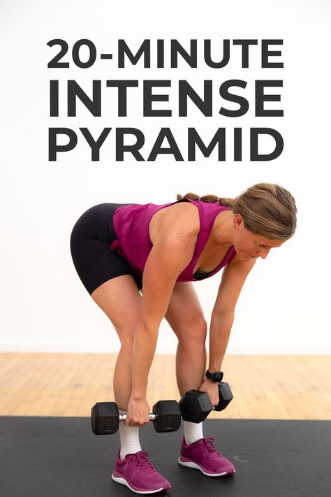 Build muscle and increase endurance with this at-home PYRAMID WORKOUT! This strength focused pyramid combines 5 compound full body exercises in a challenging workout. Modifications are provided for beginner and advanced levels. Compound Workouts For Women At Home, Combination Exercises Work Outs, 1 Move Full Body Workout, Pyramid Workout Weights, Compound Exercise Workout Plan, Building Strength For Women, Combination Moves Workout, Strength Training Workouts At Home, Pyramid Exercises