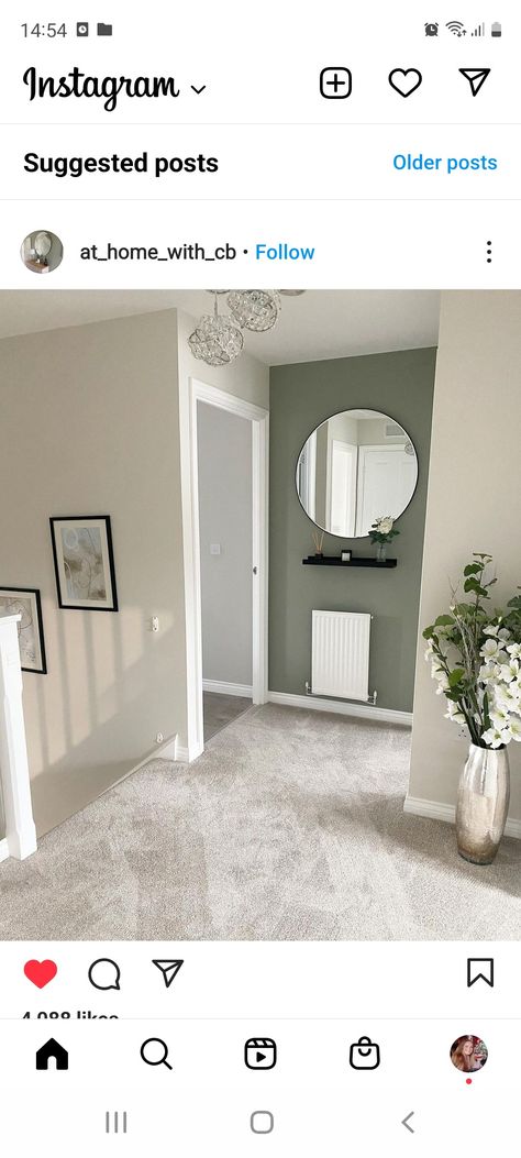 Painting Ideas For Hallway Walls, Hallway Ideas Two Colours, Sage And Grey Hallway, Sage Hallway And Stairs, Elephants Breath Home Office, Hall Stair Landing Decor, Green And Grey Hallway, Grey Wall Hallway, Colour Schemes For Hallways