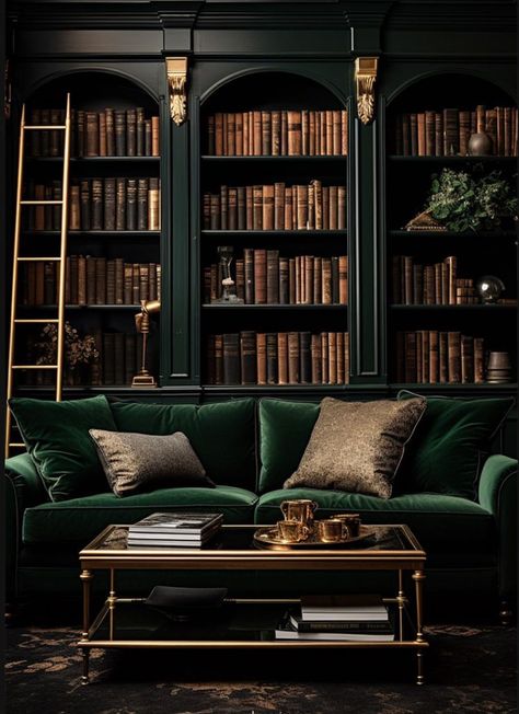 Dark Academia Living Room, Dark Academia Interior, Dark Green Living Room, Dark Academia Room Decor, Dark Academia Room, Academia Room, Moody Living Room, Home Library Rooms, Library Room