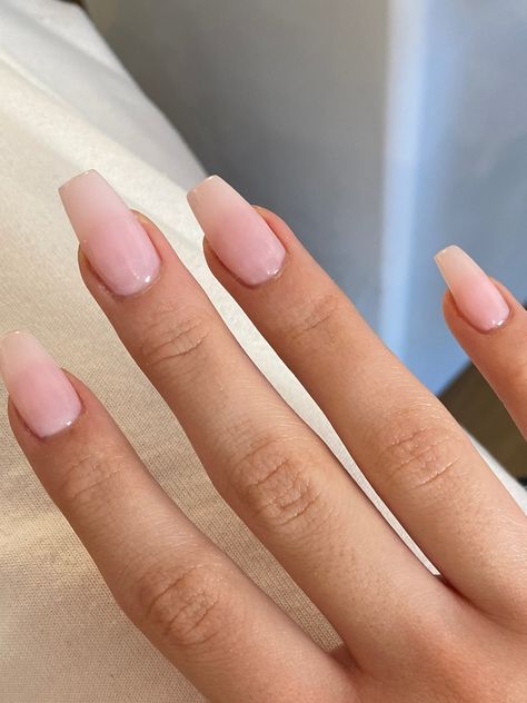 Nails Light Pink And White, Pale Pink Acrylics, Acrylic Nails Pale Pink, Light Pink Glossy Nails, Light Pink White Nails, Light Pink Acrylics, Clear Light Pink Nails, Clear Light Pink Acrylic Nails, Natural Pink Ballerina Nails