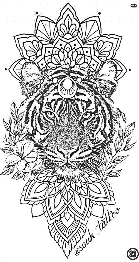 Tiger And Mandala Tattoo, Tiger Mandala Tattoo Design, Lion Mandala Tattoo Design, Tiger Tattoo Outline, Tiger Mandala Tattoo, Mandala Animal Tattoo, Geometric Throat Tattoo, Mandala Lion Tattoo, Mandala Tiger