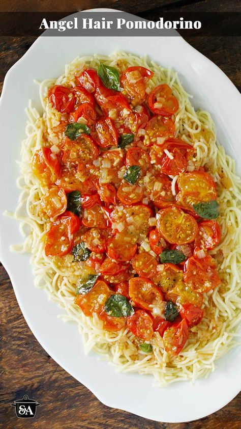 Angel Hair Pomodorino on a large white serving platter. Angel Hair Pasta With Cherry Tomatoes, Olive Oil Sauce, Angled Hair, Cherry Tomato Plant, Fresh Cherry, Easy Mediterranean Diet Recipes, Healthy Weeknight Meals, Angel Hair Pasta, Summer Tomato