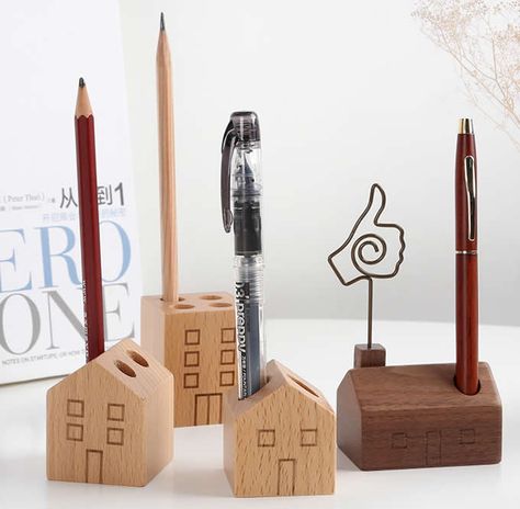 Discover Cool Stuffs And Wonderful Gift Pen Pencil Holder, Wood Craft, Wooden House, Pen Pencil, Building Block, Pencil Holder, Table Tops, Pen Holders, Taper Candle