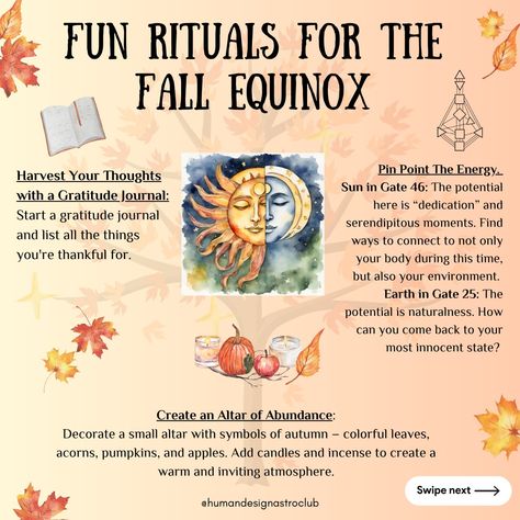 The fall equinox is a time of balance, reflection, and gratitude. By incorporating these fun and meaningful rituals into your celebration, you can connect with the essence of this enchanting season and embrace the changes it brings. Read our Full Blog Post on our website! https://www.humandesignastro.com/fallequinox2023 Fall Equinox Rituals, Fall Equinox Celebration, Equinox Aesthetic, Equinox Party, Equinox Ritual, Ritual Ideas, Modern Witchcraft, Witchy Stuff, Witchy Things