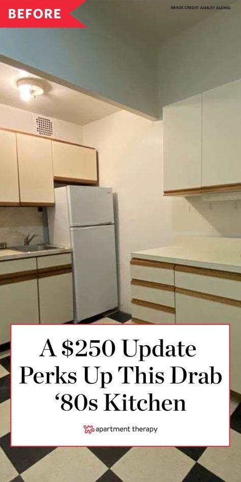 Before and After: A $250 update perks up this drab 1980s kitchen. #kitchenmakeover #kitchendecor #kitchenideas #80s #makeover #homeprojects #homeupgrades Apartment Kitchen Rental Makeover, Tiny Kitchen Makeover Before After, Peel And Stick Cabinet Covers Before And After, Kitchen Cabinets Trim Moldings, Antique Kitchen Design, Condo Before And After, 1980s Bathroom Makeover, Paint Kitchen Cabinets Before And After, Apartment Cabinet Makeover Rental