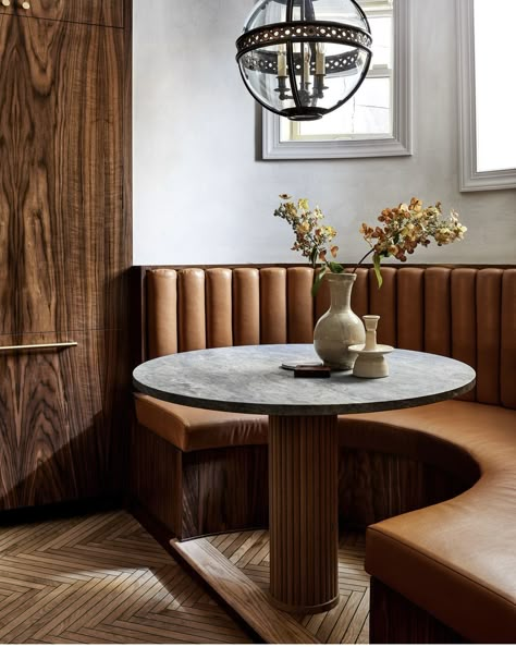 Dining Booth, Dining Room Bench Seating, Cozy Breakfast Nook, Herringbone Floor, Marble Flooring, Kitchen Nook, Dining Nook, City Living, Custom Cabinets