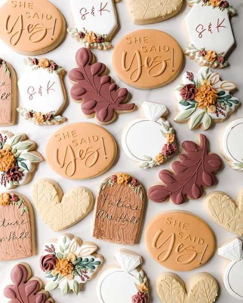 Fall Engagement Cookies Decorated, Fall Engagement Party Cookies, Bridal Shower Cookies Fall, Fall In Love Cookies Decorated, Autumn Wedding Cookies, Fall Engagement Party Ideas Decorations, Falling In Love Engagement Party Theme, Fall In Love Cookies, Fall In Love Bridal Shower Cookies