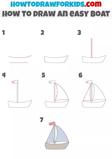 How to Draw an Easy Boat Step by Step - Easy Drawing Tutorial How To Draw A Boat, Boat Crafts, Learn To Sketch, Boat Drawing, Small Flags, Coloring Supplies, Boat Art, Easy Doodles Drawings, Drawing Tutorial Easy