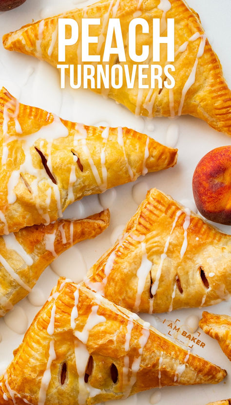 Peach Turnovers are squares of puff pastry filled with spiced canned peaches, baked to a golden brown, and drizzled with a sweet glaze. The flaky texture and fruity goodness will surely leave you craving more, and they are so easy to make! Enjoy a turnover as a breakfast treat, with a cup of coffee, or as a dessert. And, you can even make them in an air fryer! Peach Turnovers With Fresh Peaches, Fresh Peach Turnovers Puff Pastries, Peach Turnovers Puff Pastries, Peach Puff Pastry Desserts, Cream Cheese Turnovers, Peaches Baked, Peach Pastry, Peach Turnovers, Peach Puff Pastry