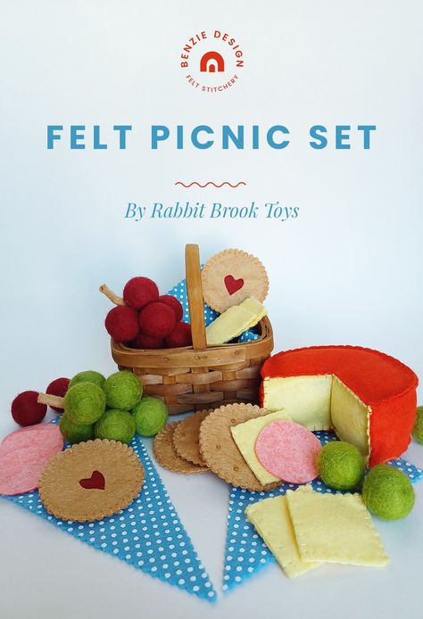 Get ready for Summer with this felt picnic set that includes patterns for a cheese wheel, grape clusters, savory crackers, jammy cookies, cheese and pepperoni slices and stylish napkins. Created by Mallory Durkee for Benzie Design.  #picnicset #feltfood #playfood #imaginativeplay #beginner #freepattern #benziefelt #benziedesign #benziedesignmakerteam Felt Picnic Basket Diy, Picnic Basket Diy, Birthday Countdown, Kids Pretend Play, Edible Crafts, Food Patterns, Picnic Set, Needle Felting Kits, Felt Pattern