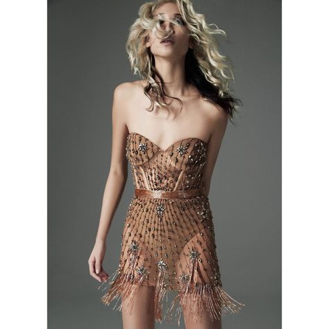 100% Authentic Tan Color Embellished And Beaded Corset Style Top Sheer Skirt With Visible 'Snap' Briefs Crystal Star Design Beaded Fringe Size Xl New With Tags On. However Some Of The Beading/Crystals Are Starting To Come Off. Retail $498 Dress Straps Ideas, Bling Outfits, Chicago Costume, Pretty Fits, Beaded Corset, Mini Gown, Embellished Mini Dress, Presentation Ideas, Corset Style Tops