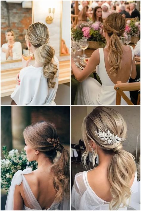 20+ Ponytail Wedding Hairstyles for Modern Brides – Trendy Hairdos for a Stunning Look! | Wedding Bride Ponytail, Modern Hairdo Wedding, Hairdo Ponytail Wedding, Wedding Hairstyles For V Neck Dress, Bridal Ponytail With Headpiece, Bridal Ponytail Accessories, Bride Hairstyle Ponytail, Bride Messy Updo Hairstyles, Long Ponytail Wedding Hair