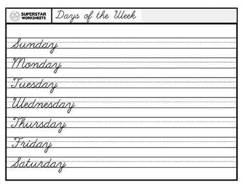 Free Days of the Week Worksheets for kids to work on handwriting, and spelling. Students trace, write and spell each day of the week. Days Of The Week Cursive Handwriting, Days Of The Week Cursive, Free Cursive Writing Practice Sheets, Cursive Days Of The Week, Cursive Months, Free Cursive Worksheets, Cursive Handwriting Sheets, Cursive Practice Sheets, Simple Handwriting