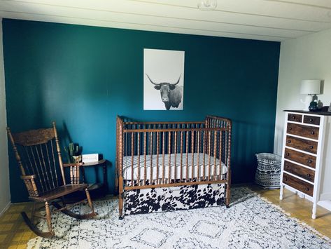 Western Nursery Accent Wall, Turquoise Nursery Boy, Turquoise Nursery Girl, Dark Teal Nursery, Cowhide Nursery, Western Boy Nursery, Two Toned Dresser, Western Baby Nursery, Rustic Nursery Room Ideas