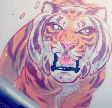 Doodling on paper.  Fuzzy red coloured pencil lines...just a testing out mixing pencils and markers. So its messy and a bit rough..sorry. But.. a kitty! #caturday #tiger #bigcat #bigcats #illustration #doodle #sketchoftheday #art #drawing #draw #2d #igart #instadraw #cat #kitty #pencil #realmedia Tiger Face Reference, Tiger Growling, Tiger Art Drawing, Draw Tiger, Paper Tiger, Tiger Cat, Red X, Illustration Doodle, Big Cats Art