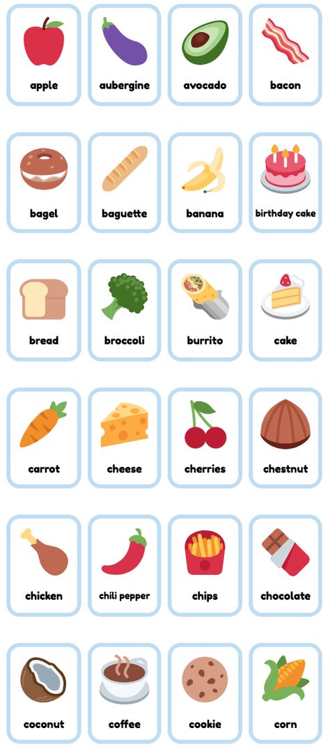 Free printable Food & Drinks Flashcards for English teaching and studying. Great for teaching kids. Visit website for full set of 96 customizable flashcards in 3 sizes. US and UK English available! Printable Flashcards, Word Flashcards, English For Beginners For Kids, Flashcards For Kids Printables, Kids Flash Cards, English Flashcards, Flash Card, Flash Cards Ideas Study, Flash Cards For Kids