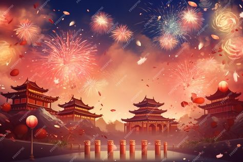 Premium AI Image | Chinese New Year background with firework and chinese temple Vector illustration Chinese Temple Art, Temple Vector Illustration, Temple Vector, Chinese New Year Illustration, Chinese New Year Fireworks, Chinese Fireworks, Temple Background, Chinese New Year Wallpaper, Chinese New Year Background