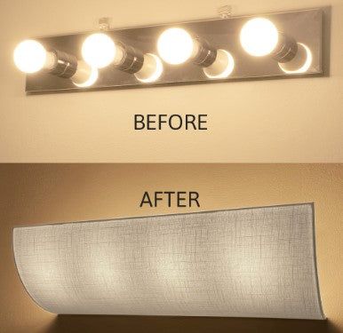 Diy Hollywood Light Cover, Refurbished Vanity, Bathroom Light Bar, Diy Vanity Lights, Hollywood Vanity Lights, Bathroom Lighting Diy, Vanity Light Shade, Lighting Makeover, Bathroom Upstairs