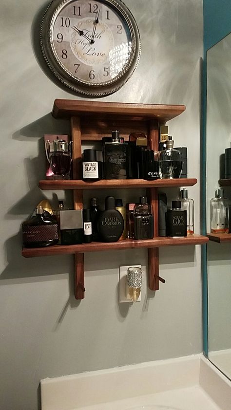 Cologne Stand Cologne Storage Ideas, Cologne Storage, Hood Rat, Bedroom Redesign, Home Fragrance Accessories, College Room, Men's Fragrance, Bathroom Shelf, Neat Ideas