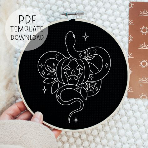 Pumpkin Snake Embroidery Pattern Download, Embroidery Halloween Pattern, Snake Lover Embroidery Cute Spooky Halloween Hand Embroidery Design Snake Embroidery Pattern, Halloween Hand Embroidery, Lover Embroidery, Snake Embroidery, Embroidery Halloween, Pattern Snake, Cat Lover Birthday, Embroidery Cute, Snake Lovers