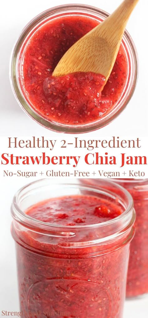 Strawberry Chia Jam | Strength and Sunshine | This easy 2-ingredient Strawberry Chia Jam takes just 10 minutes to make and has no added sugar! Naturally sweet, juicy, ripe strawberries and protein-rich chia seeds, this healthy and delicious homemade strawberry jam is low-carb, keto-friendly, fiber-rich, no pectin, gluten-free, and vegan! Perfect for meal prepping, used as a sandwich spread, filling, and fruity topping! Strawberry Uses, Recipes For Strawberries, Healthy Jam, Strawberry Healthy Recipes, Strawberry Recipes Healthy, No Sugar Strawberry Jam, Vegan Strawberry Jam, Keto Strawberry Jam, Refrigerator Strawberry Jam