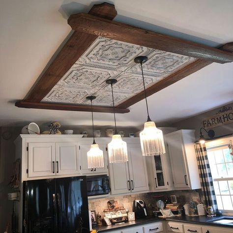 Tin Wainscoting, Kitchen Lighting Remodel, Pvc Ceiling Tiles, Faux Tin Ceiling Tiles, Copper Ceiling, Decorative Ceiling Tile, Rustic Ceiling, Tile Covers, Farmhouse Fireplace