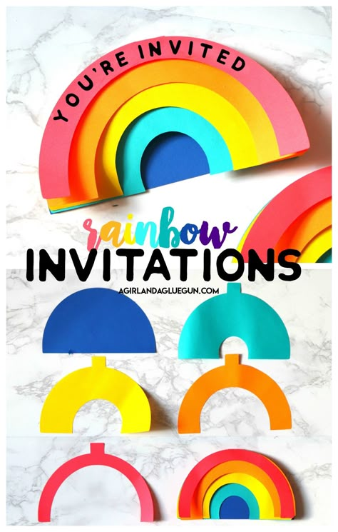 Rainbow Invitations free printables or cut out with your silhouette cameo or cricut- perfect for any birthday party invites! - A girl and a glue gun Birthday Party Invitations Diy, Rainbow Themed Birthday Party, Rainbow Birthday Invitations, Rainbow Invitations, Anniversaire Diy, Rainbow Birthday Party, Birthday Party Invites, Mason Jar Crafts Diy, Rainbow Theme