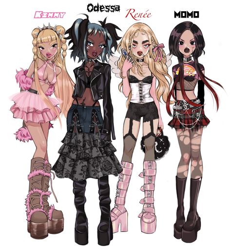 Y2k Fashion Drawing, Proshipper Art Style, Y2k Outfits Drawing, Cute Outfits Drawings, Y2k Characters, Animecore Fashion, Character Design Fashion, Band Drawing, Clothing Drawing