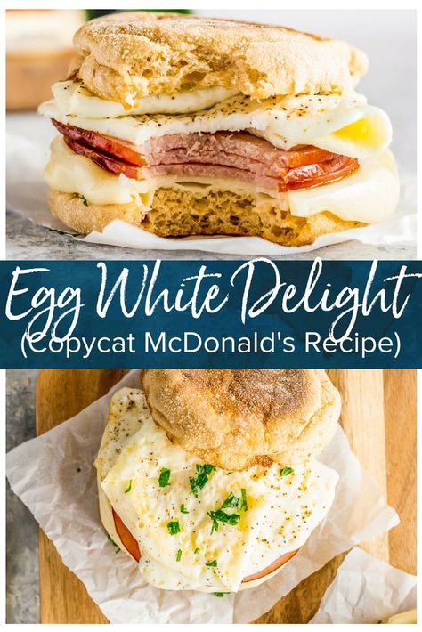 This Egg White Delight Recipe is my favorite Mcdonald's Copycat Recipe! When I used to work in an office, I ate a McDonald's Egg White Delight almost every morning. I'm so glad I've found a healthy & easy breakfast sandwich recipe that I can make at home instead. This delicious sandwich consists of an English Muffin with ham, white cheddar, egg whites, and herbs. Totally delicious! #eggwhitedelight #mcdonalds #breakfastsandwich #eggmcmuffin #ham #egg #cheese #thecookierookie via @beckygallhardin Egg White Patty Recipe, English Muffin Egg White Sandwich, Egg White English Muffin, Egg White Delight Recipe, Mcdonalds Copycat Recipes, Ham Sandwich Recipes, Egg White Breakfast, Mcdonalds Recipes, Realistic Kitchen