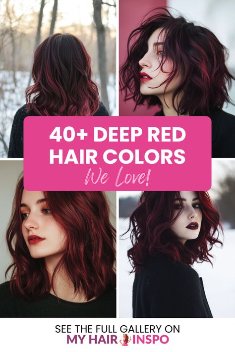 Explore 40+ stunning deep red hair color options! This pin showcases four vibrant images, highlighting gorgeous transitions between crimson and burgundy shades designed to inspire every hair makeover enthusiast. Winter Red Hair, Deep Red Hair Color, Hair Dyed Underneath, Deep Red Hair, Red Hair Colors, Mahogany Hair, Red Hair Color Ideas, Split Dyed Hair, Hair Color Burgundy