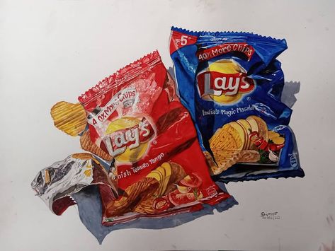 Lays chips packet Realistic watercolor stilllife painting . #art #watercolour #artist #realism #lays #chips by @artic_dipan (follow on Instagram) Lays Chips Drawing, Realistic Object Painting, Lays Drawing, Chips Drawing, Unique Bulletin Board Ideas, Object Painting, Sweets Art, Still Life Sketch, Lays Chips