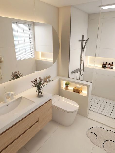 Calm Bathroom Design, Vanity Next To Bathtub, Minimalistic Bathroom Aesthetic, Functional Bathroom Vanity, Aesthetic House Interiors Bathroom, Minimalist Interior Design Bathroom, Minimalistic House Decor, Washroom Minimalist, Timeless Modern Bathroom