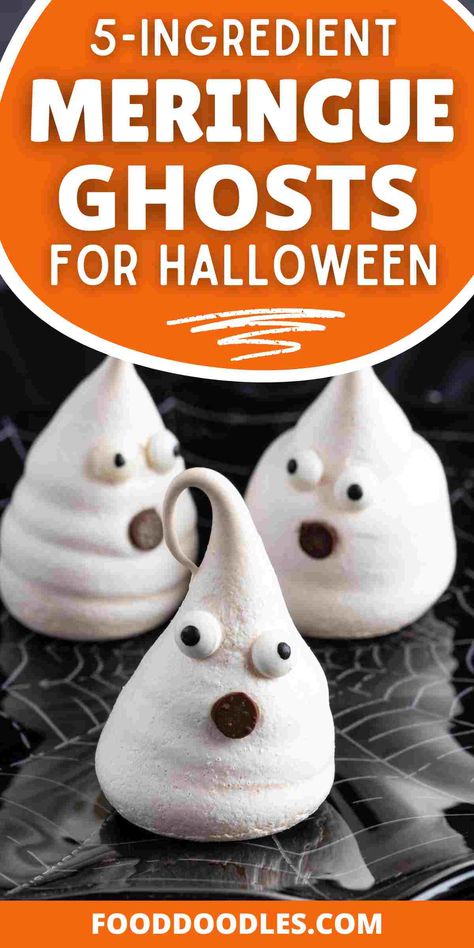 These adorable Meringue Ghosts are the perfect addition to your Halloween dessert table! Light, airy, and fun to make, these spooky treats are sure to be a hit. If you're looking for Halloween party food ideas, these Halloween meringue cookies are simple to create and make a cute, edible decoration. Whether you're looking for fun Halloween desserts or a unique twist for your party, these ghostly meringues are a must-try! via @easywholesome Ghost Dessert Ideas, Halloween Meringue Cookies, Halloween Merange Cookies, Meringue Ghosts Recipe, Easy Halloween Desserts For Parties, Ghost Recipes Halloween Treats, Halloween Meringue, Merangue Recipe Ghosts, Ghost Desserts