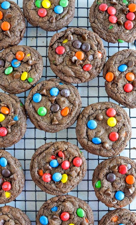 Triple chocolate M&M cookies on a cooling rack. Chocolate M M Cookies, Mnm Cookies, Double Chocolate Cookies Recipe, Spicy Southern Kitchen, M&m Cake, M M Cookies, Southern Kitchen, Chocolate Lollipops, Chocolate Cake Mixes