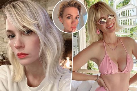 January Jones chops off all her hair, debuts dramatic cut January Jones Hair, Super Short Pixie Cuts, Flare Leg Jumpsuit, Super Short Pixie, Straight Across Bangs, January Jones, How To Cut Bangs, Hair Pixie, Short Pixie Cut