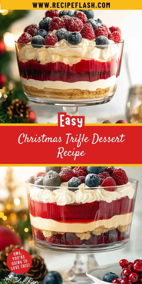 Searching for a crowd-pleasing dessert for your holiday festivities? This Christmas Trifle Dessert Recipe features layers of deliciousness, making it an ideal choice for any celebration. Save this recipe to your collection and make your Christmas desserts unforgettable this season! Holiday Dessert Trifles, Best Trifle Desserts, Fresh Fruit Trifle, Jello Trifle Desserts, Xmas Trifle Recipes, Christmas Trifle Recipes Easy, Thanksgiving Trifle Desserts, Triffle Desserts Simple, Christmas Trifle Desserts