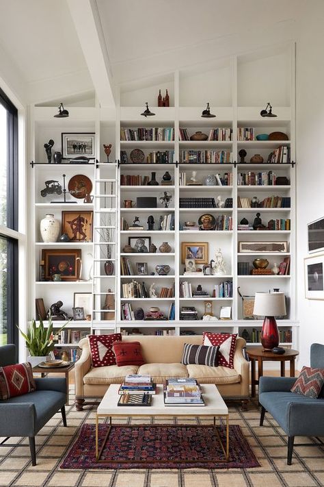 How To Decorate Living Rooms With High Ceilings Home Library Rooms, High Ceiling Living Room, Built In Shelves Living Room, Bookshelves In Living Room, Home Library Design, Home Libraries, Built In Shelves, Home Library, A Living Room