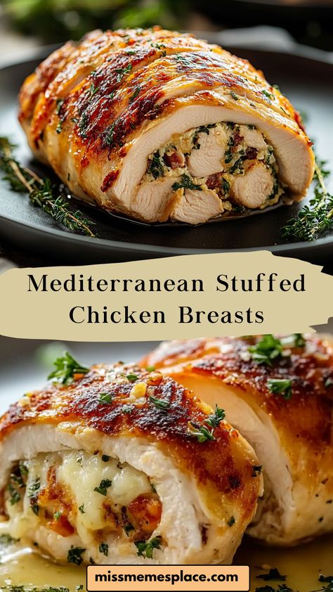 Try these Mediterranean Stuffed Chicken Breasts filled with sun-dried tomatoes and feta! Easy to make and packed with flavor for a delightful dinner. 🌞🥗 Party Entrees Main Dishes, Stuffed Mediterranean Chicken, Christmas Chicken Breast Recipes, Chicken And Feta Recipes, Stuffed Chicken Healthy, Healthy Chicken Breast Dinner, Chicken Spedini Recipe, Rice Stuffed Chicken Breast, Chicken Spedini