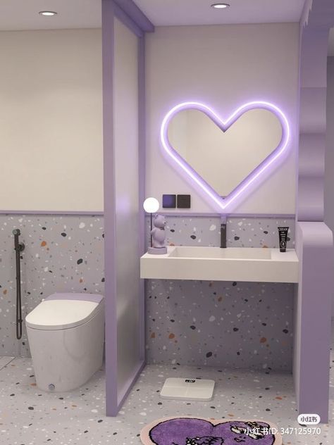 Purple Aesthetic Bathroom, Purple Bathroom Aesthetic, Purple House Aesthetic, Lilac Bathroom Ideas, Purple Wall Color, Lilac Bathroom, Purple Interior Design, Toilet And Bathroom, Baños Shabby Chic