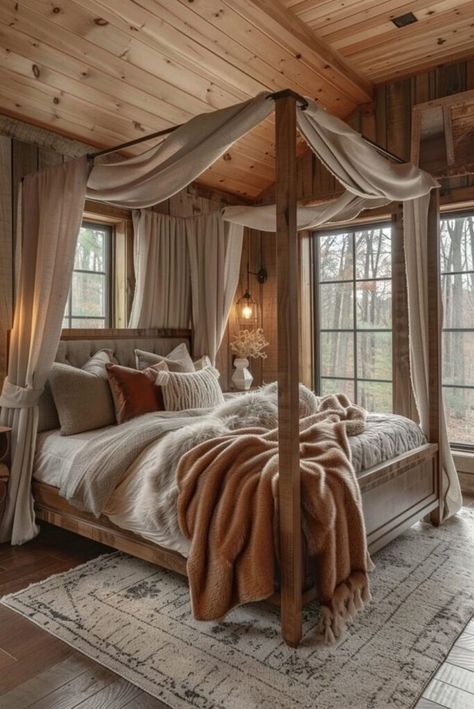 Wood Canopy Bed, Best Bedroom Designs, Rustic Bedroom Decor, Bedding Inspiration, Teen Girl Bedroom, Boho Chic Bedroom, Bedroom Decor Cozy, Poster Bed