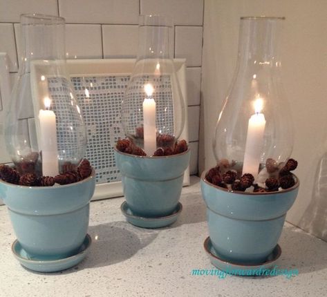 glass chimney candle holders, christmas decorations, repurposing upcycling, seasonal holiday decor, Three pots to use and change up seasonally Clay Pot Projects, Terra Cotta Pot Crafts, Homemade Christmas Decorations, Flower Pot Crafts, Diy Candle Holders, Clay Pot Crafts, Ceramic Pots, Christmas Decorations To Make, Clipboard